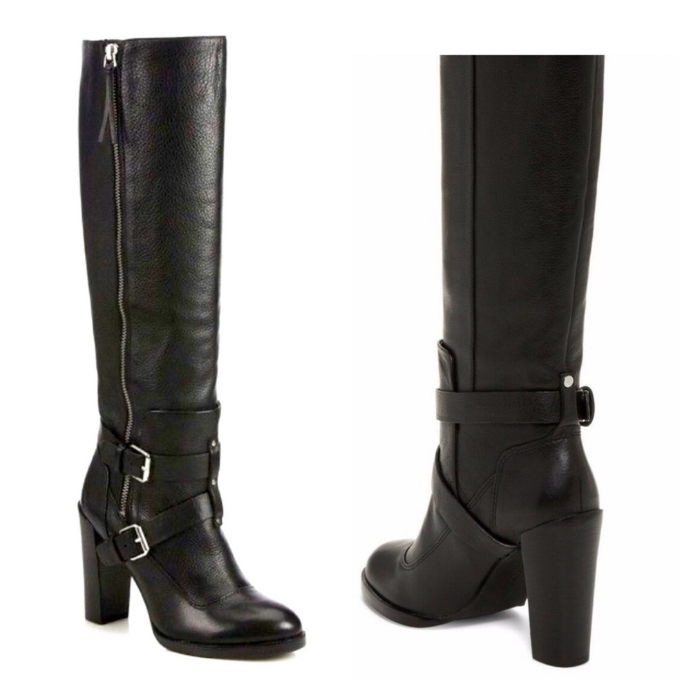 Black leather knee high boots with side zip and buckles